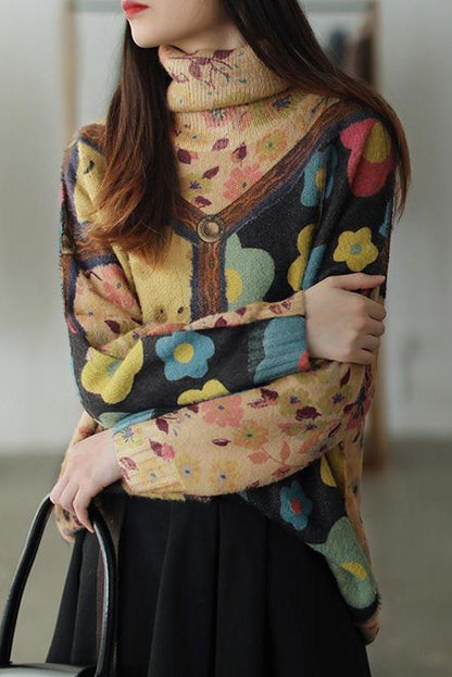 Color Contrast Flower Turtleneck Sweater
