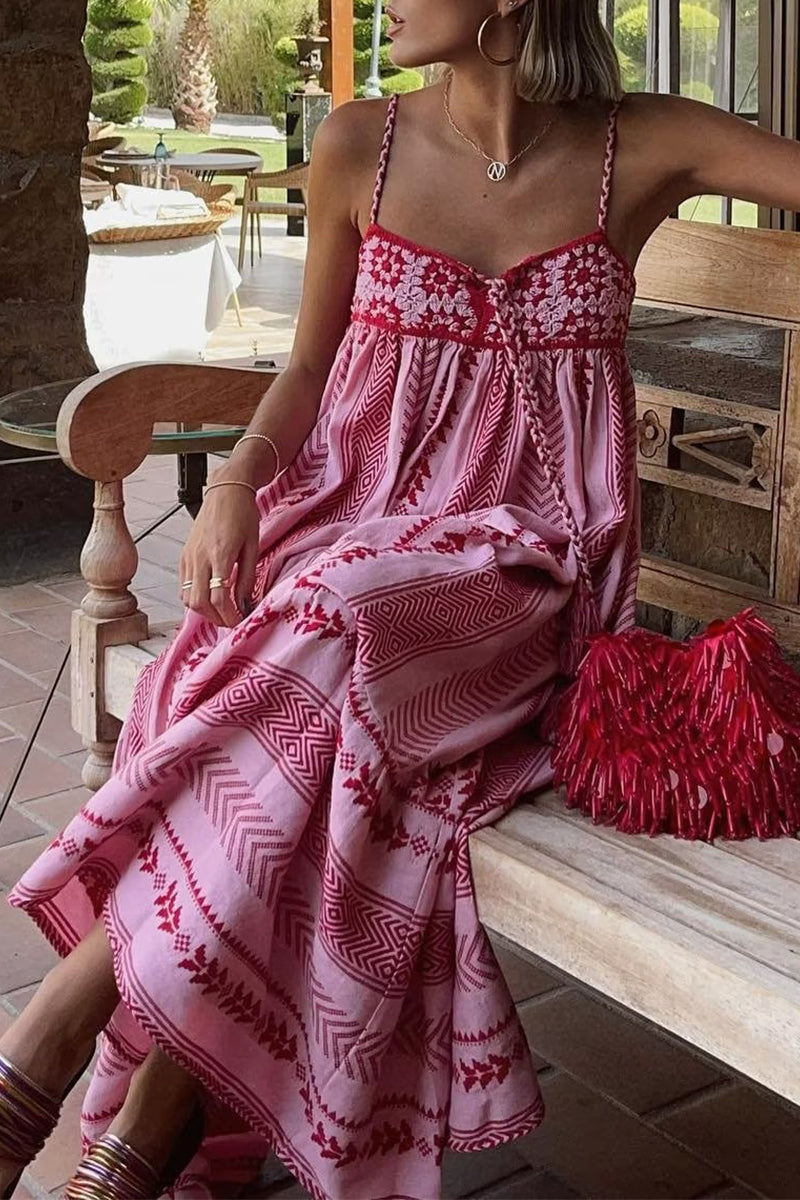 Vacation Geometric Print Hook Flower Patchwork V Neck Sling Dresses
