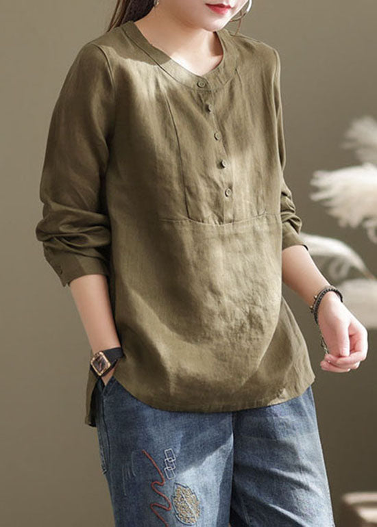 Classy Green O-neck Button Patchwork Linen Shirt Top Long Sleeve