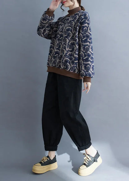 Navy Print Patchwork Warm Fleece Sweatshirt Top Spring