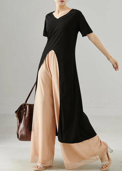Black Side Open Long Tops and Chiffon Straight Pants Two Piece Set Summer