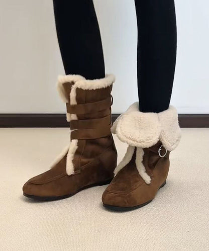 Splicing Boots Coffee Suede Fuzzy Wool Lined