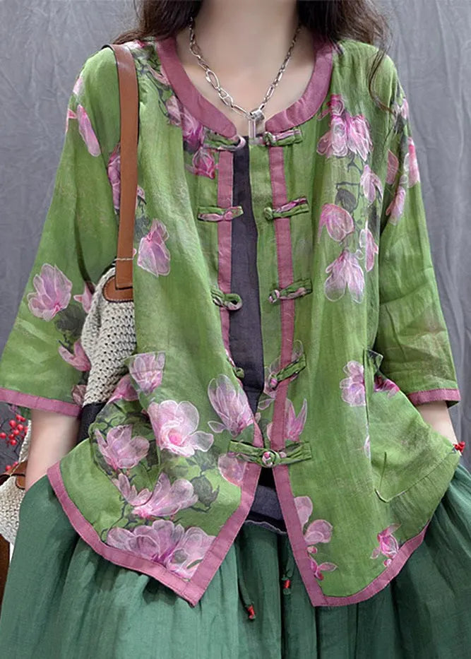 Purple Print Chinese Button Cotton Shirt Top Summer