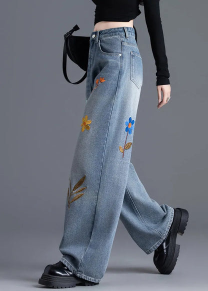 Boutique Blue Embroidered Denim Straight Pants Spring