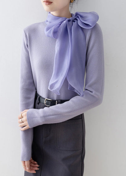 Slim Fit Purple Hign Neck Bow Knit Sweaters Spring