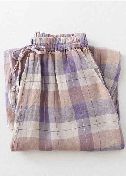 Colorblock Oversized Plaid Linen Harem Pants Summer