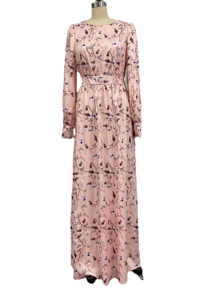 Pink Backless Print Cotton Long Dress Fall