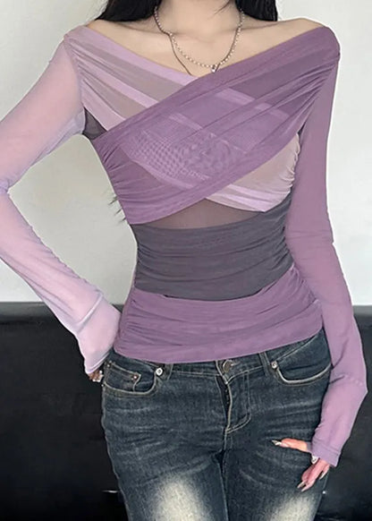 Purple Slash Neck Wrinkled Tulle Top Spring