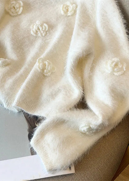 White O-neck Mink Hair Knitted Sweaters Winter