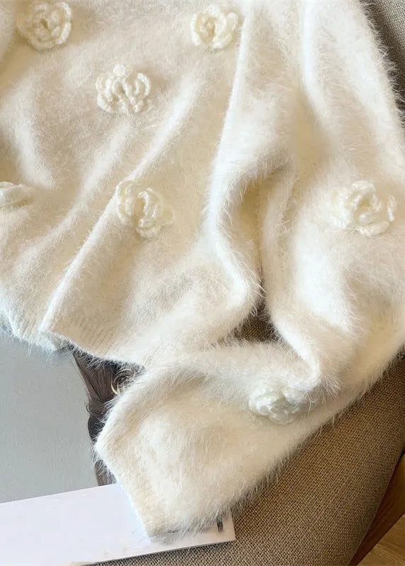 White O-neck Mink Hair Knitted Sweaters Winter
