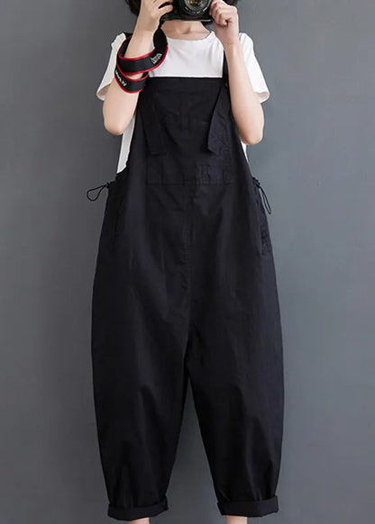 Black Slash Neck Drawstring Button Pockets Jumpsuit Fall