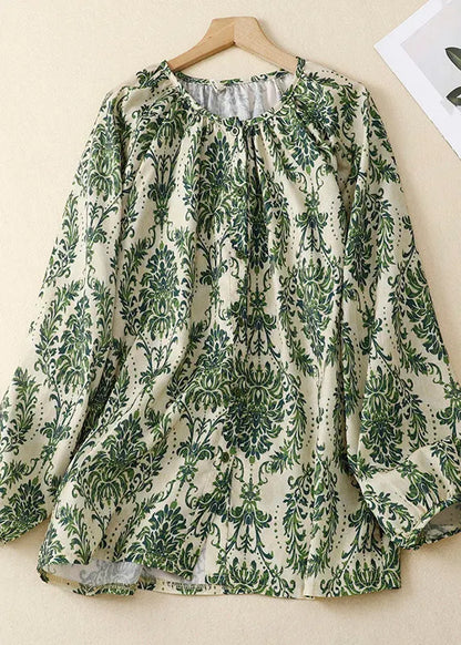 Organic Green O-neck Print Chiffon Top Summer