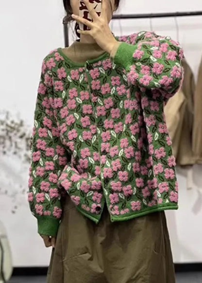Pink O Neck Button Patchwork Cotton Knit Coats Long Sleeve