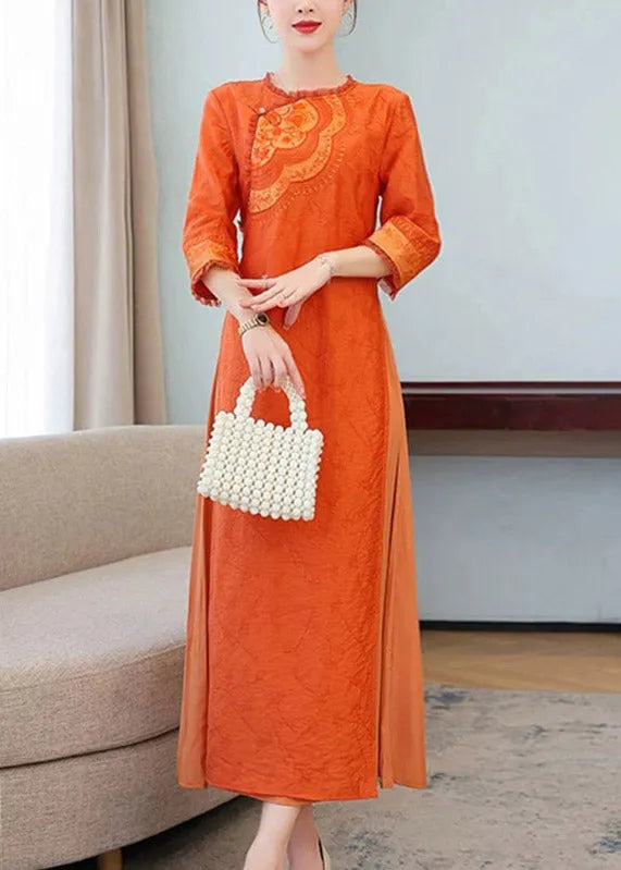 Chinese Style Orange Print Silk Long Dress Three Quarter Sleeve