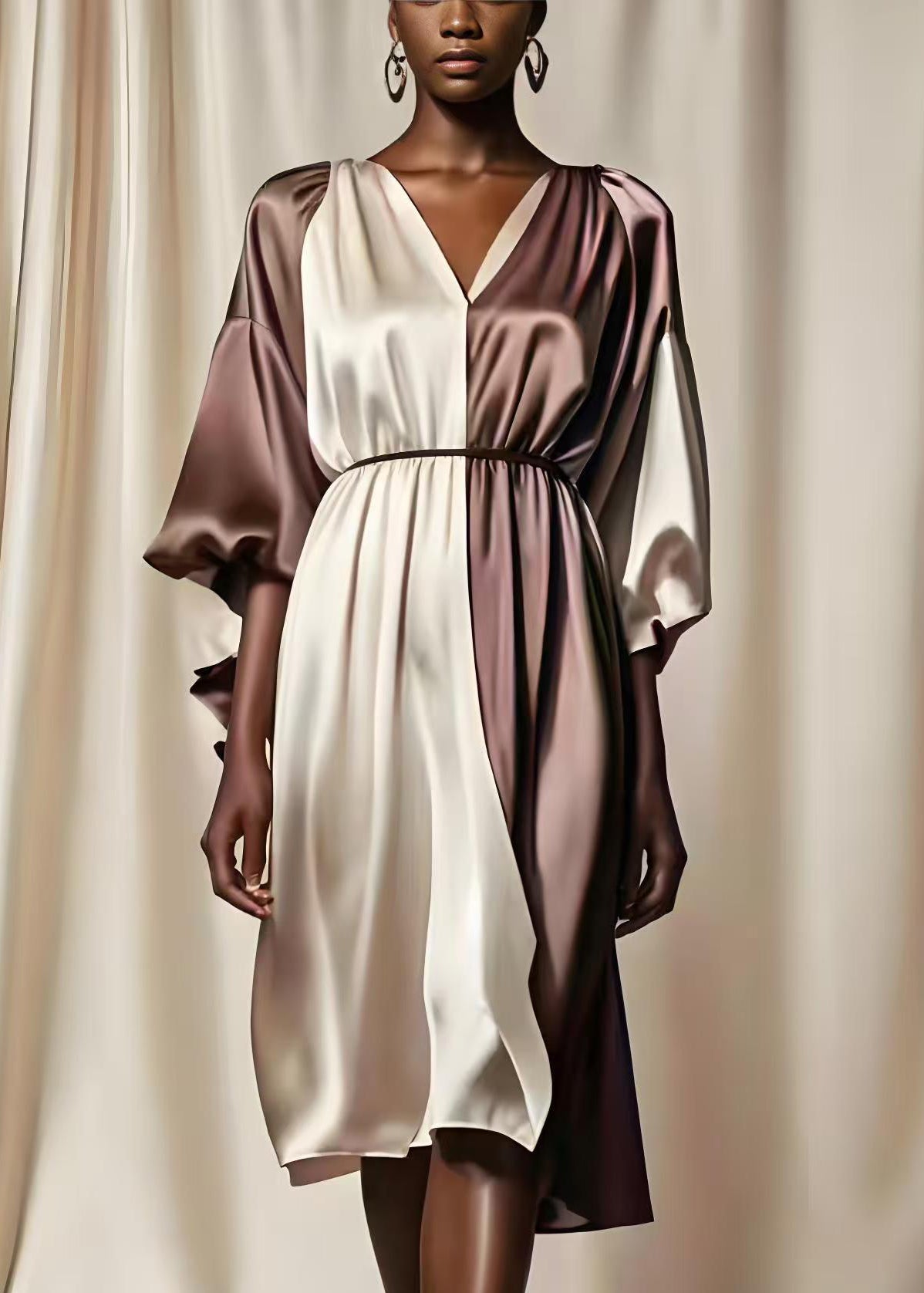 Colorblock V Neck Patchwork Silk Mid Dresses Summer