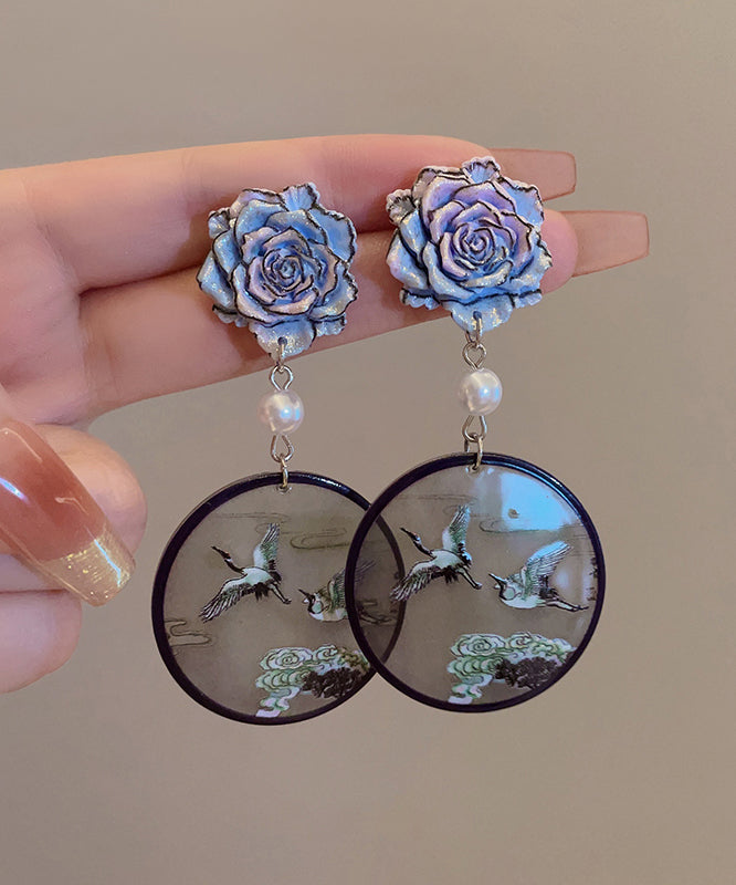 Chinese Style Blue Sterling Silver Pearl Crowned Crane Drop Earrings