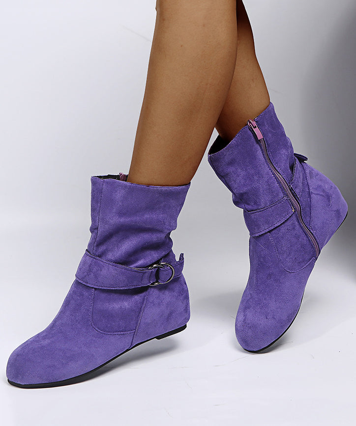 Black Suede Boots Splicing Zippered Buckle Strap