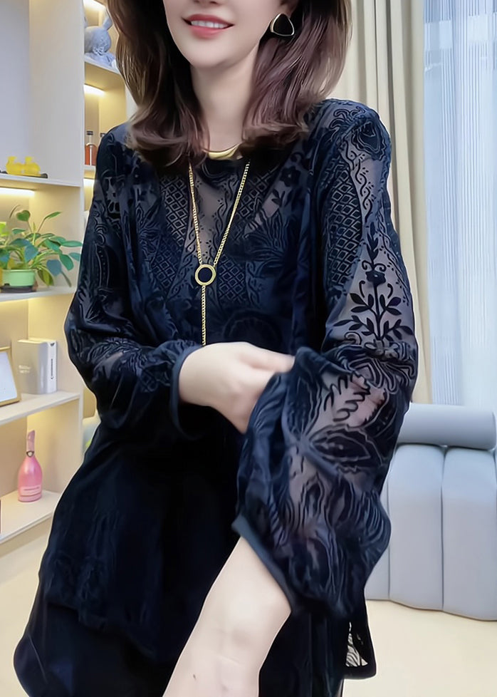 Hollow Out Lace Shirt Black V Neck Spring