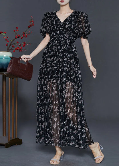 Style Black Puff Sleeve Print Chiffon Party Dress
