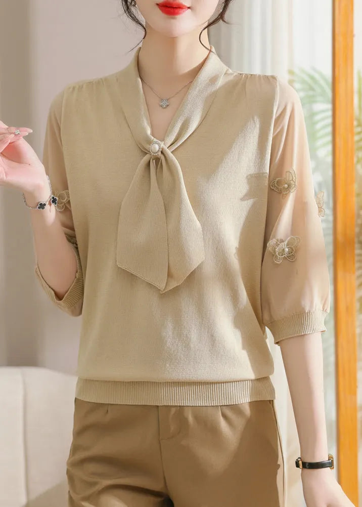 Apricot Nail Bead Cozy Patchwork Knit T Shirts V Neck