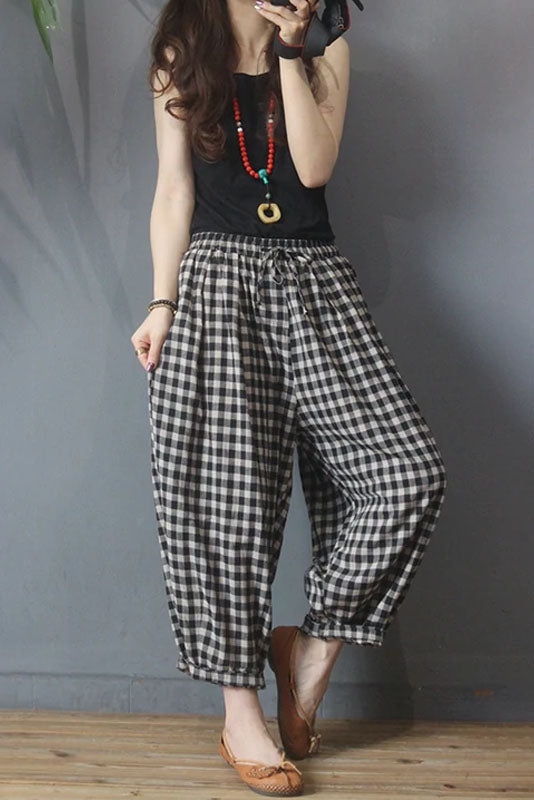 Limited Stock- Summer Plaid Drawstring Cotton Linen Harem Pants
