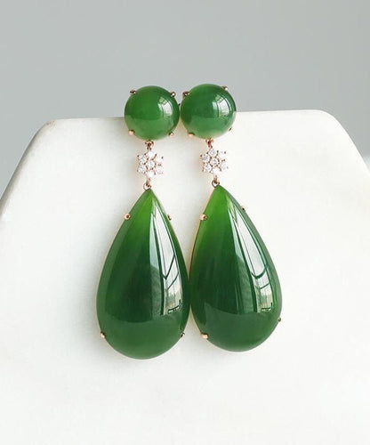 Spinach Green Jade Zircon Water Drop Drop Earrings