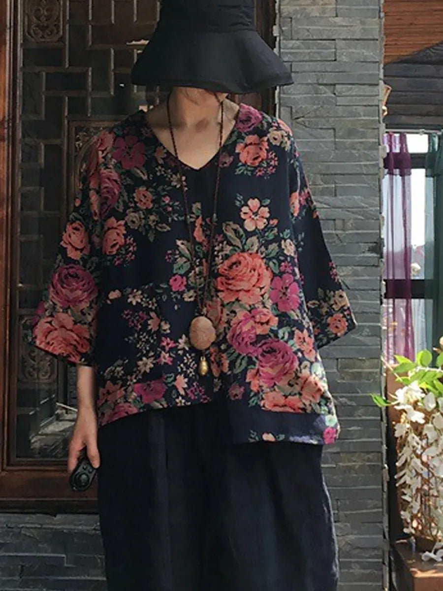 V-neck Long Sleeve Cotton Blouse Shirt