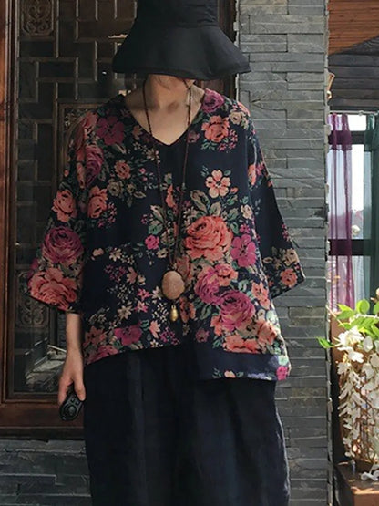 V-neck Long Sleeve Cotton Blouse Shirt