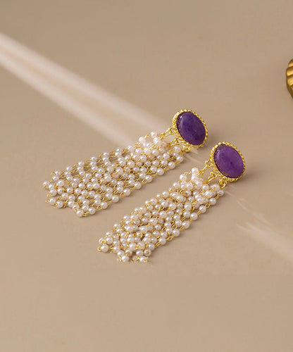 Purple Alloy Pearl Resin Tassel Drop Earrings