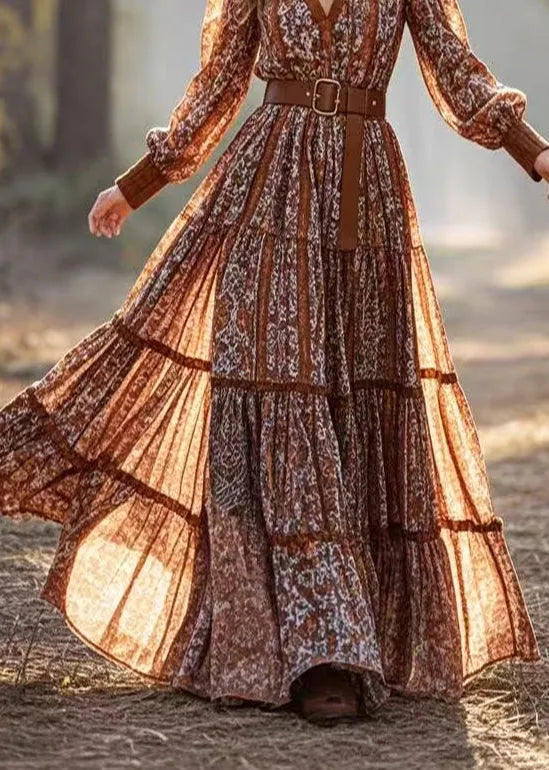 Brown Cinched Exra Large Hem Cotton Party Dress Spring