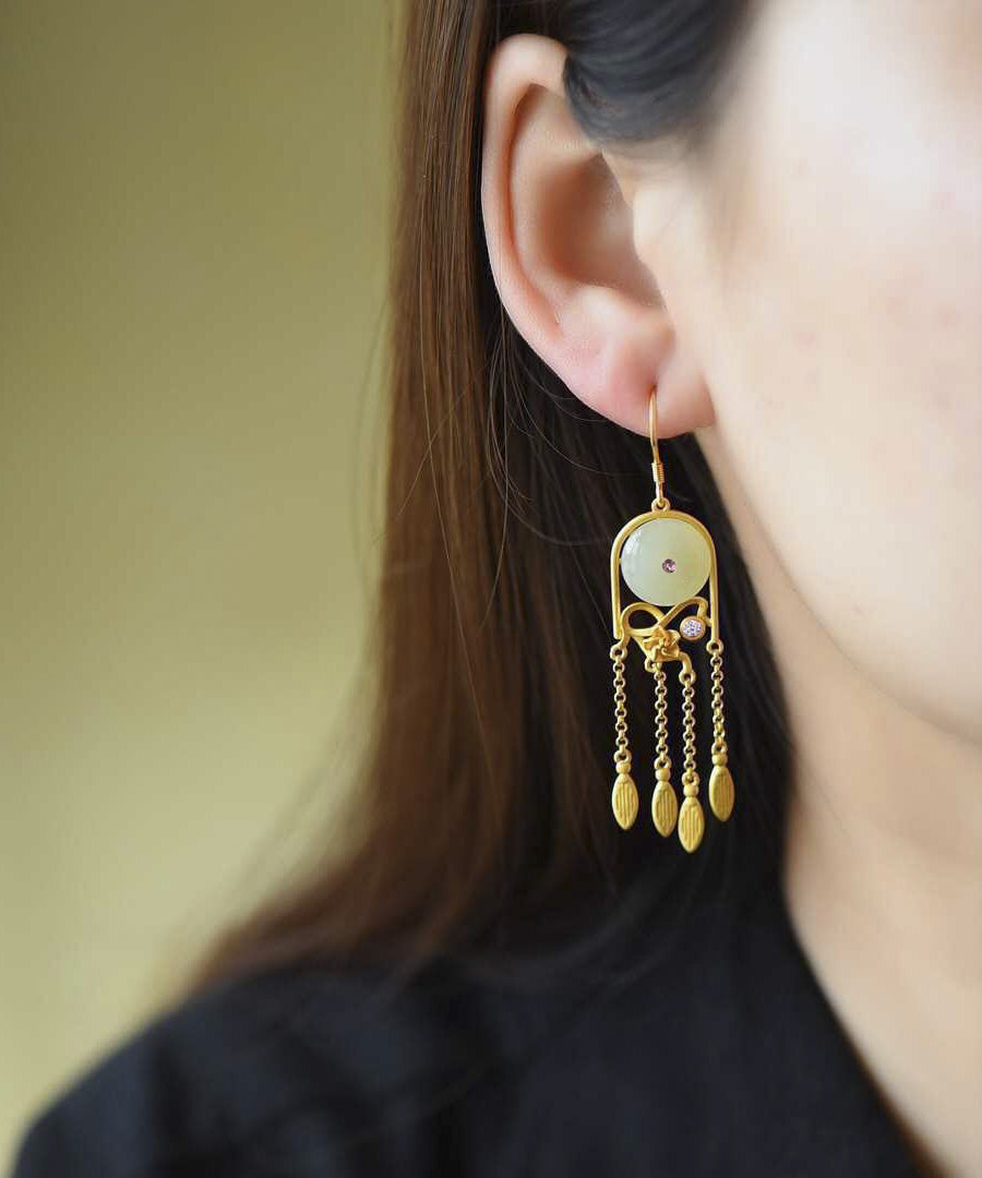 White Tassel Silver Gold Plated Jade Drop Earrings