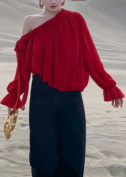Stylish Red Lace Up Chiffon Shirt Fall