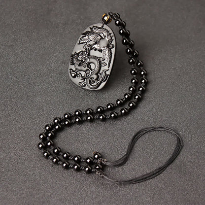Buddha Stones Black Obsidian Tiger Eye Dragon Phoenix Protection Beaded Necklace Pendant