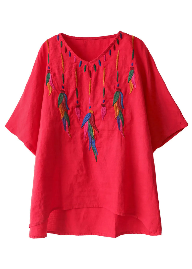 Classy Red Embroidered Low High Design V Neck Linen Shirt Top Short Sleeve