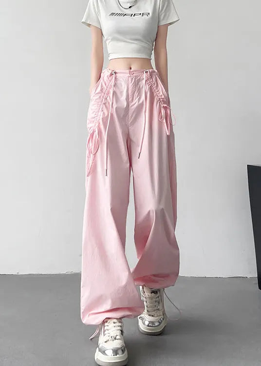 Pink Pockets Drawstring High Waist Cotton Pants Spring