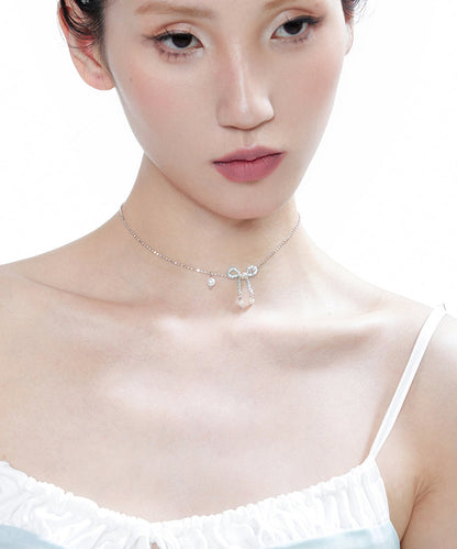 Blue Crystal Bow Pearl Silver Choker