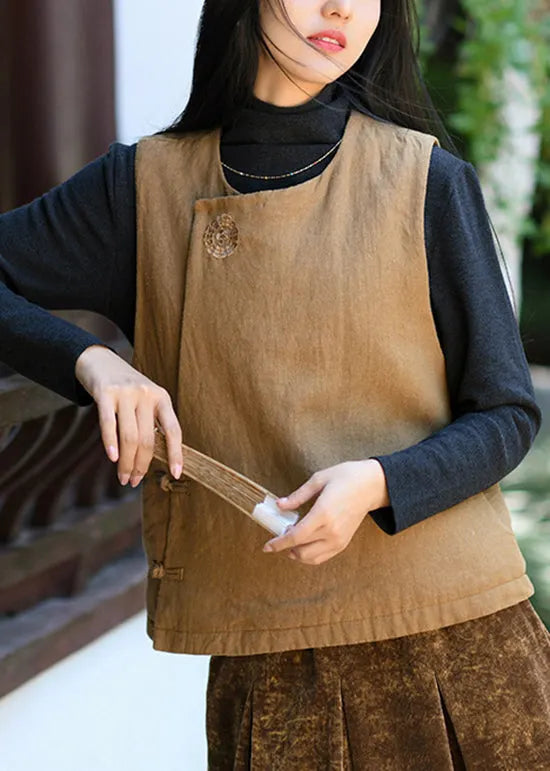 Yellow O Neck Fine Cotton Filled Linen Vest Sleeveless