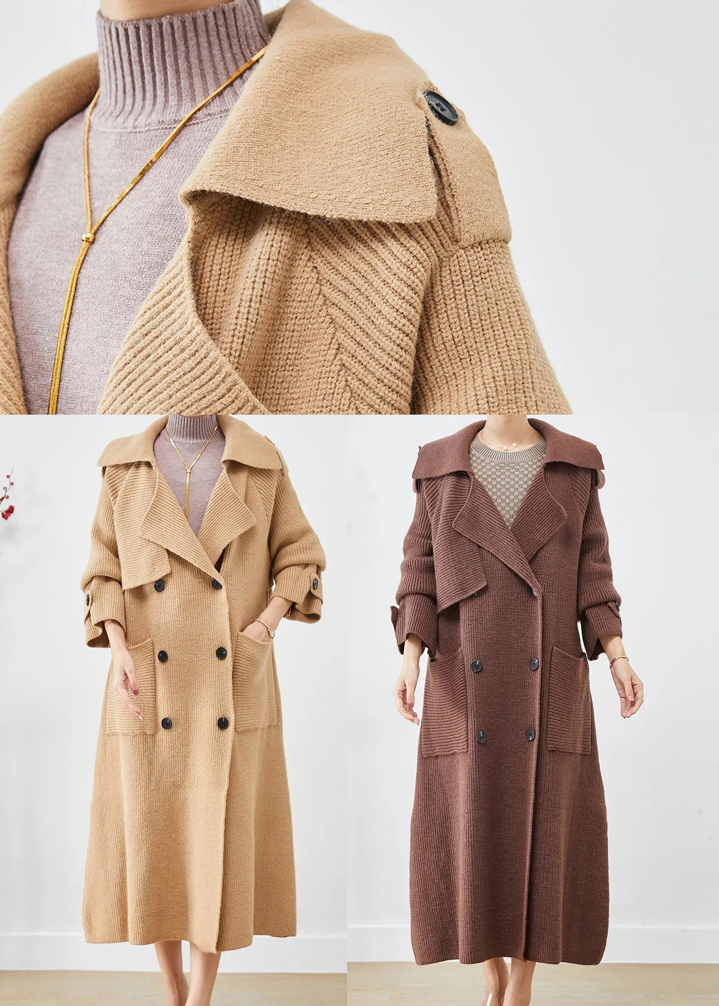Modern Khaki Double Breast Knit Trench Coats Winter