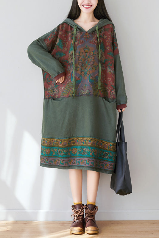 - Printed Hooded Sweater Knitted Denim Dress
