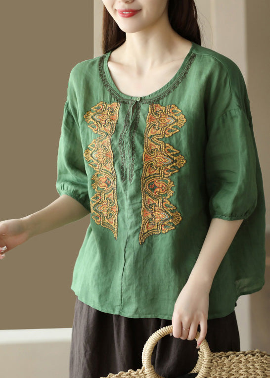 Apricot O-neck Embroidered Low High Design Ramie Shirts Summer