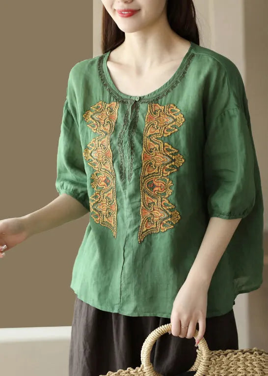 Apricot O-neck Embroidered Low High Design Ramie Shirts Summer