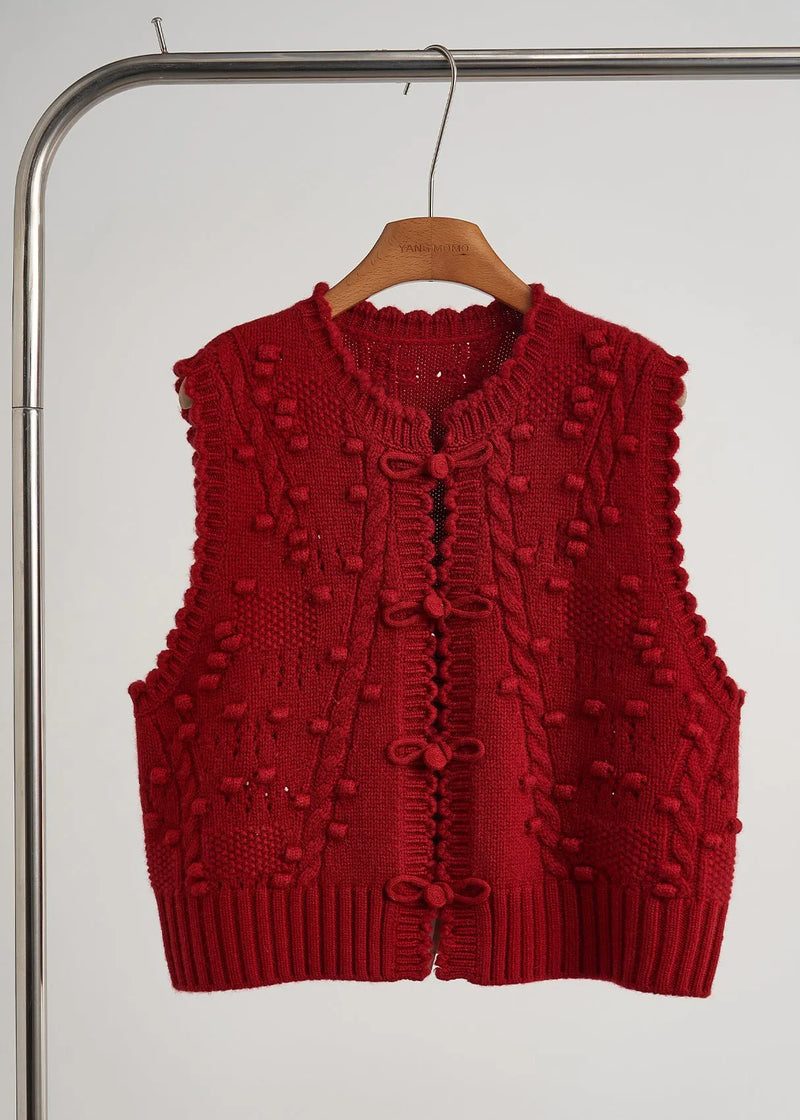 Mulberry Chinese Button Knit Vest Tops Fall