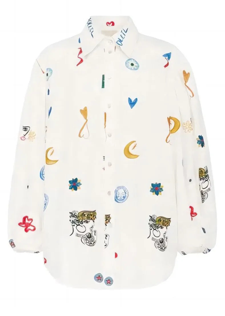 White Peter Pan Collar Button Print Cotton Blouses Long Sleeve
