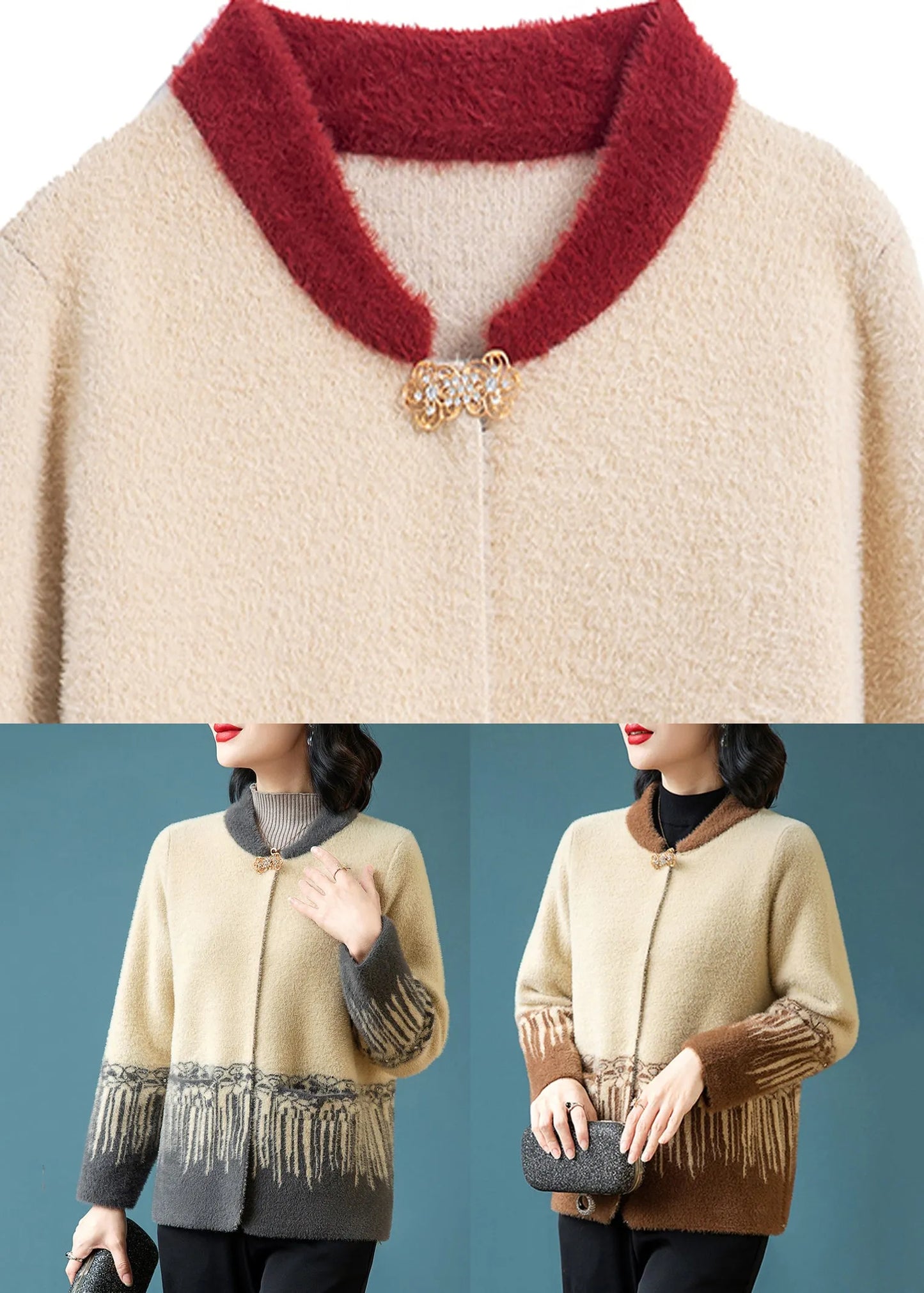 Style Red O-neck Rivet Mink Hair Knitted Coats Fall