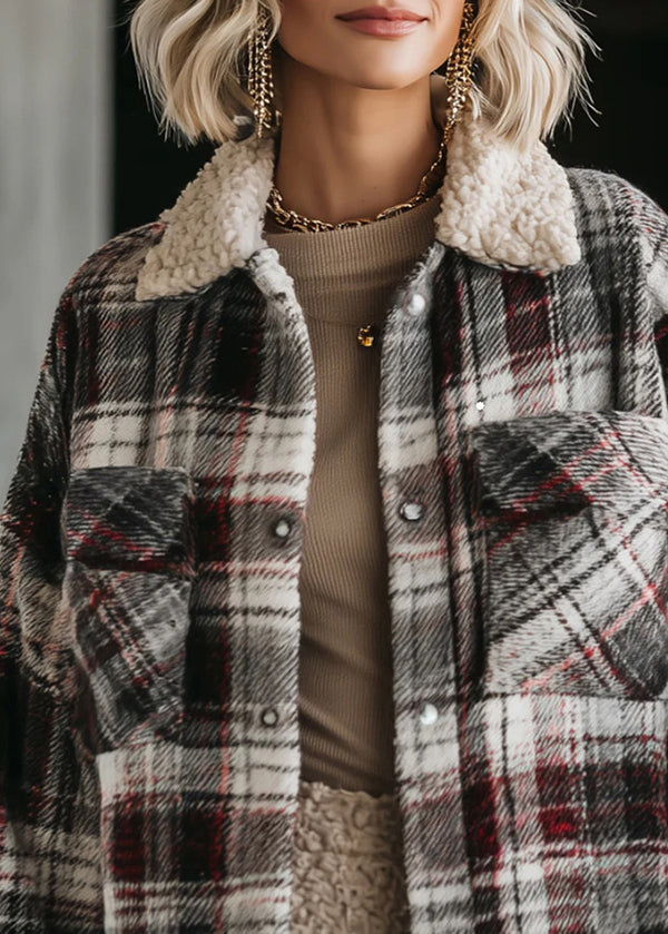 Peter Pan Collar Pockets Plaid Cotton Jacket Fall