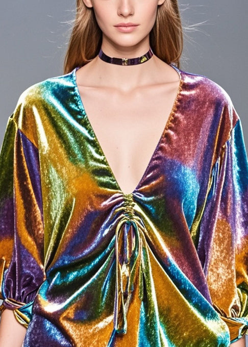 Multicolour Asymmetrical Drawstring Silk Velour Shirt Top Fall