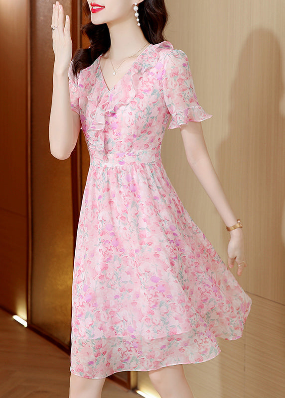 Pink V Neck Ruffled Print Chiffon Dress Summer