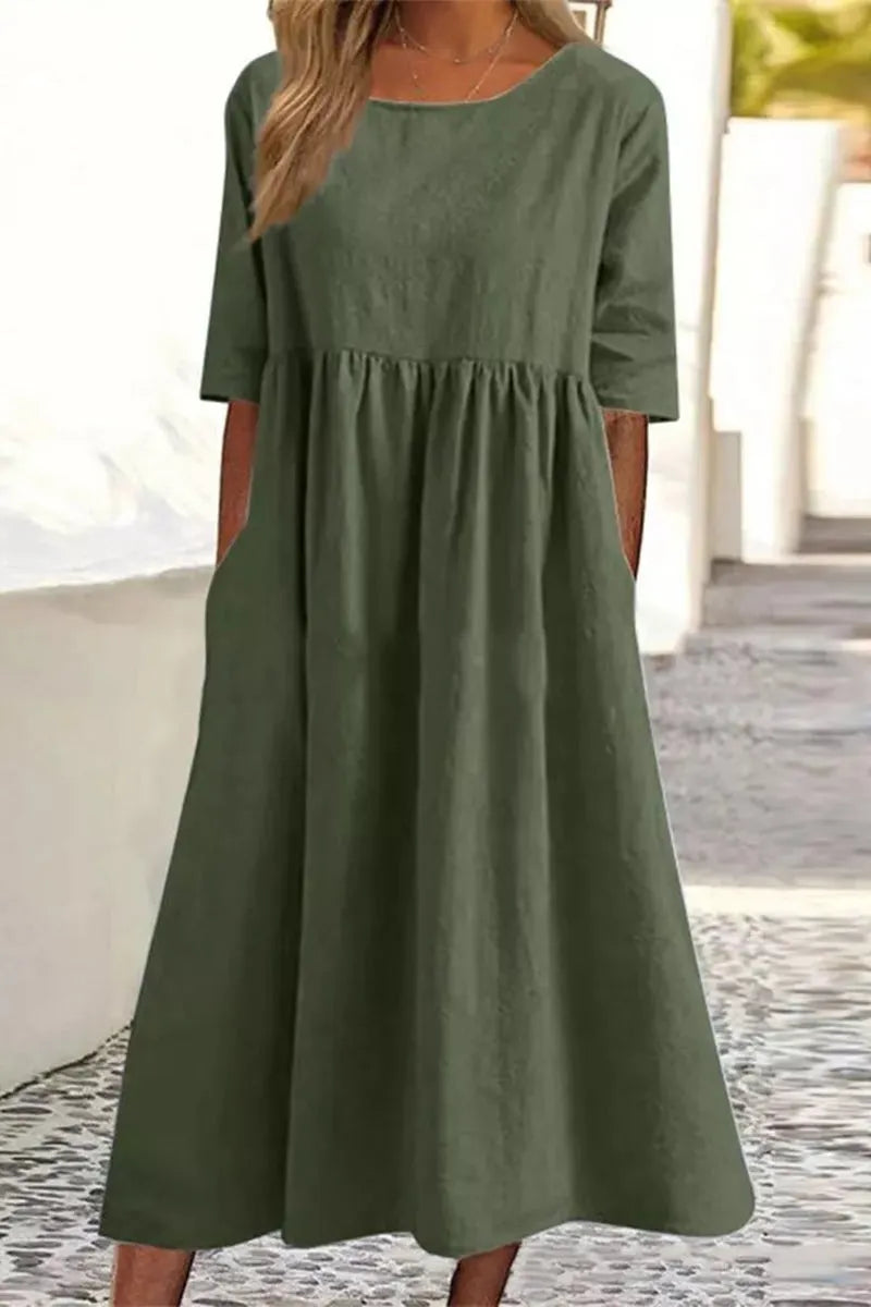 Half Sleeve Pleated Pocket Cotton Dress(9 Colors)
