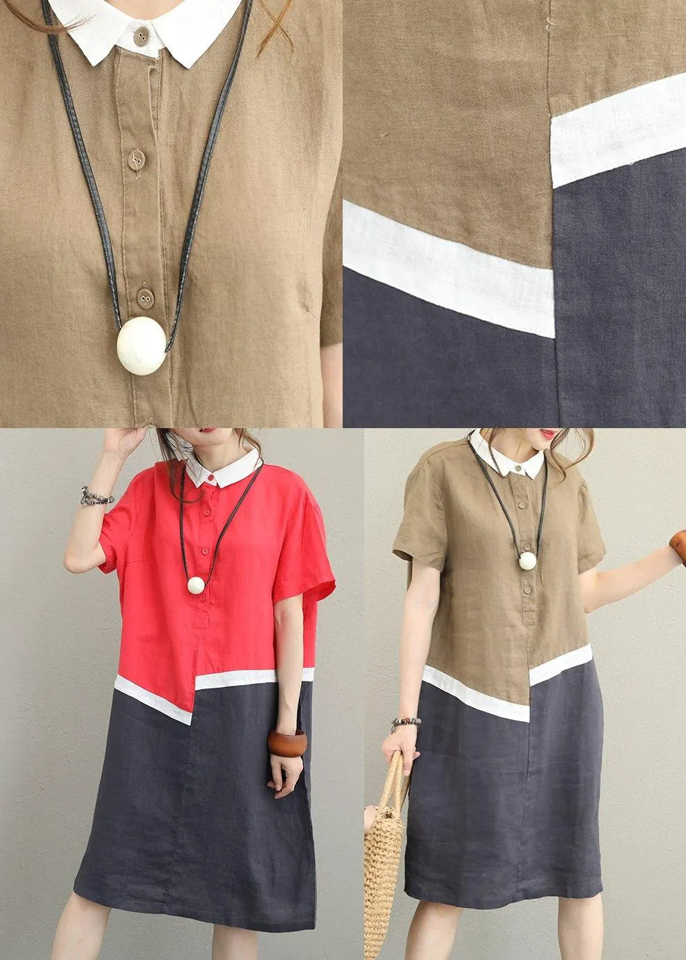 Unique Khaki Linen Dress Lapel Patchwork Cotton Dress