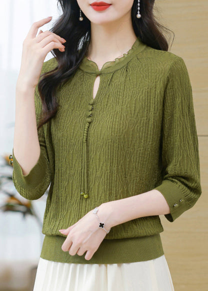 Simple Green O-neck Button Knit T Shirt Bracelet Sleeve